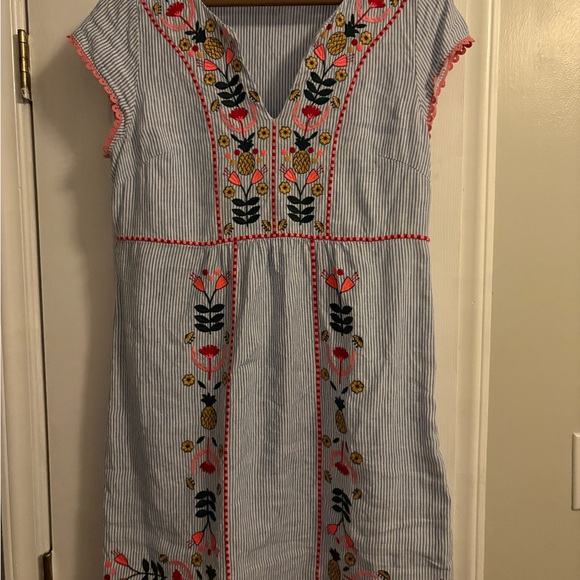Boden Dresses & Skirts - Boden Blue & White Striped Embroidered V-Neck Midi Dress with Pink Trim